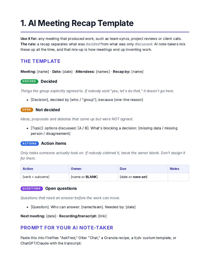 Manager Meeting Kit page: Template 1: AI meeting recap