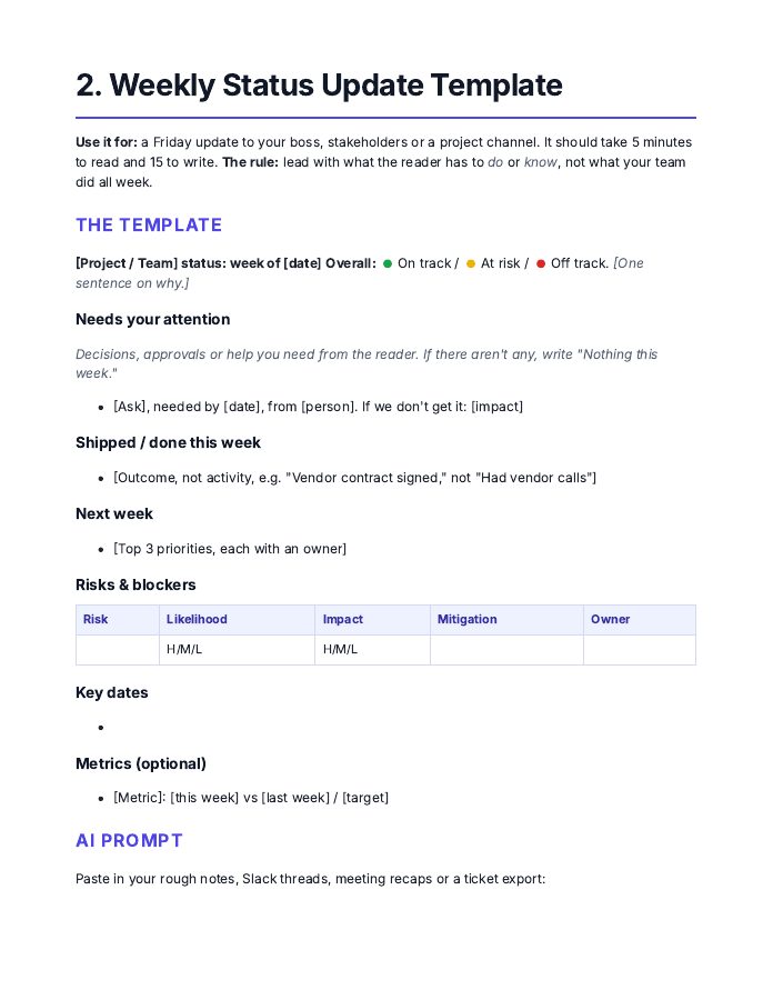 Manager Meeting Kit page: Template 2: weekly status update