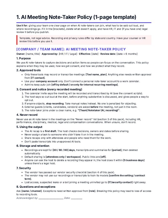 AI Note-Taker Policy Pack page: 1-page AI meeting policy template