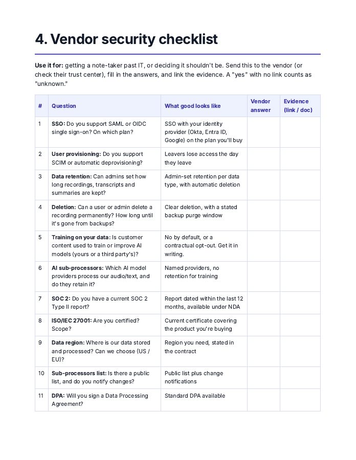 AI Note-Taker Policy Pack page: Vendor security checklist